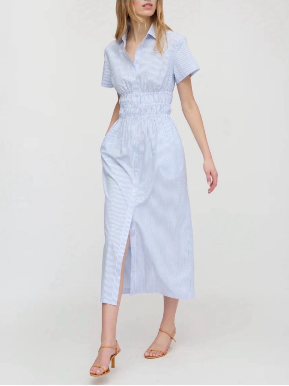 The Jamie Nap Dress — Light Blue Stripe Midi with Smocked Waist XS